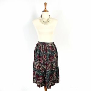 Vintage Black green pink paisley floral midi maxi skirt size Medium or Large